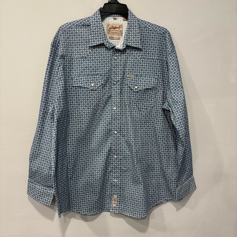 Rafter C pro flex 45 men’s XXL turquoise white geometric design pearl snap shirt